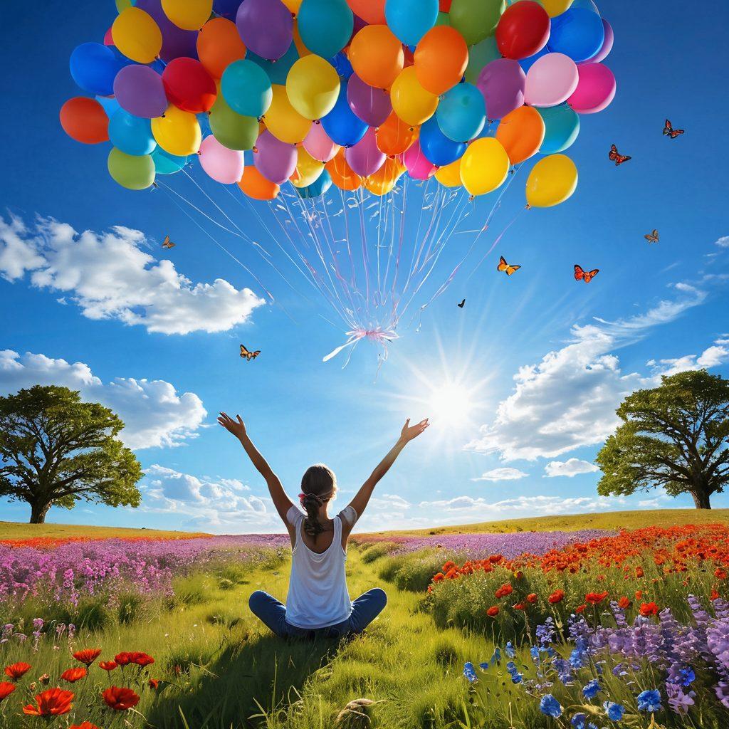 A serene landscape featuring a sunlit meadow with vibrant wildflowers, a person joyfully meditating with their arms wide open, surrounded by floating colorful balloons symbolizing happiness. In the background, a clear blue sky with fluffy clouds and a gentle breeze, evoking a sense of peace and cheerfulness. A soft silhouette of playful animals like butterflies and birds adds whimsy. super-realistic. vibrant colors.