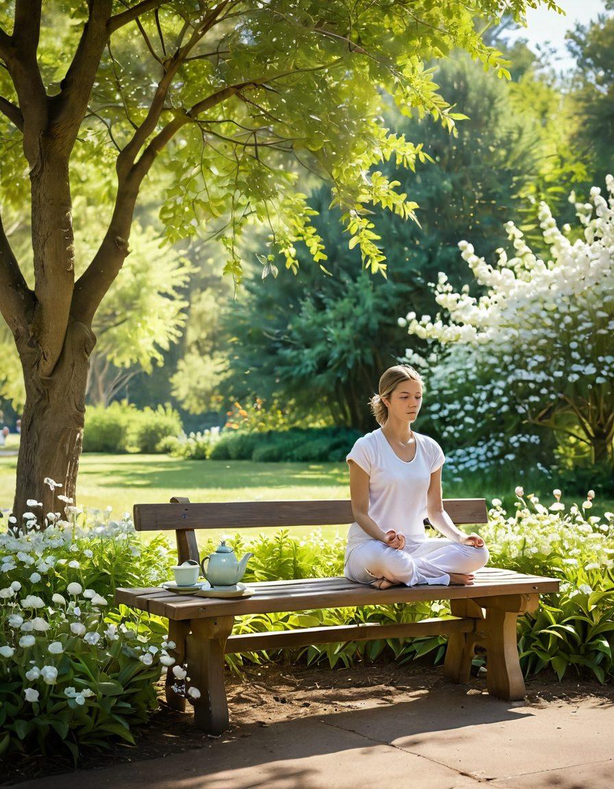 A serene morning scene depicting a person meditating in a sunlit park, surrounded by blooming flowers and gentle greenery, symbolizing tranquility and daily contentment. A steaming cup of tea rests on a nearby bench, representing simplicity and joy in small moments. Soft, pastel colors create a calm atmosphere, enhancing the feeling of peace. super-realistic. vibrant colors.