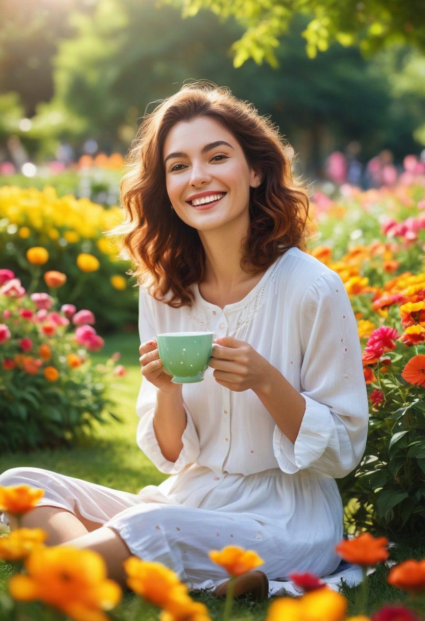 A bright, cheerful scene depicting a person joyfully engaging in simple activities that boost happiness, such as sipping a cup of tea, sitting in a sunlit park, surrounded by vibrant flowers and smiling friends. The atmosphere should exude warmth and positivity, with soft, colorful elements that invoke joy. The overall tone should feel uplifting and light-hearted. super-realistic. vibrant colors. soft focus.